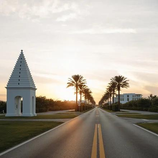 Elegant coastal property architecture with palm trees